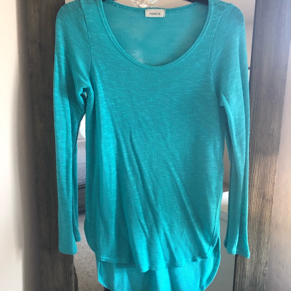 Fiancee Turquoise Aqua Sheer Open Knit High-Low Sweater Coastal Boho S